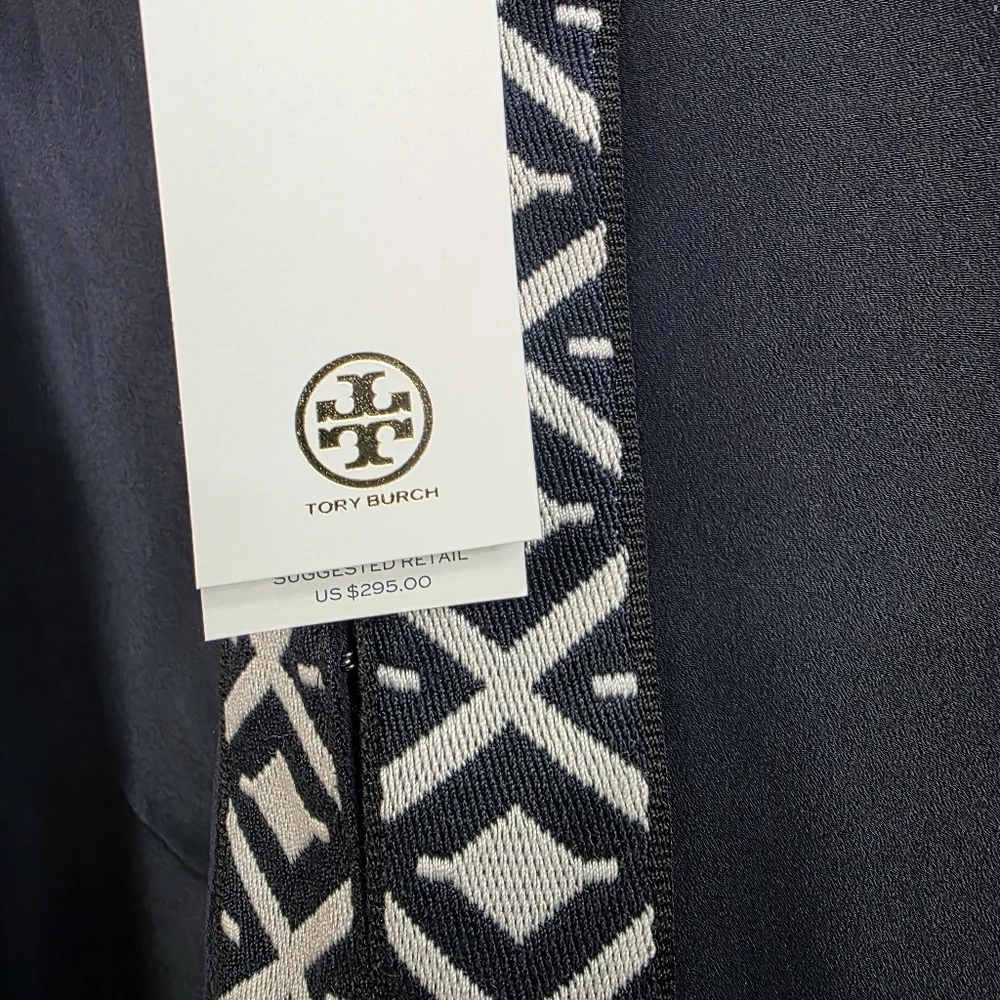 Tory Burch Embroidered Navy Tunic Top with Geometric Trim